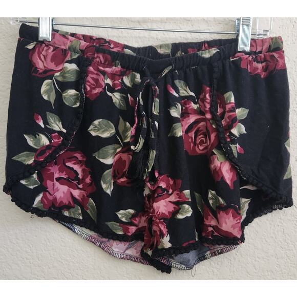 Hot Kiss Pants - Hot Kiss Black Burgundy Floral Print Faux Wrap Shorts Large Lightweight Pull On